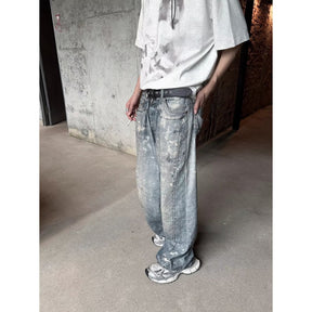 Washed Distressed Printed Denim Men's Straight Loose Long Pants Brit Style