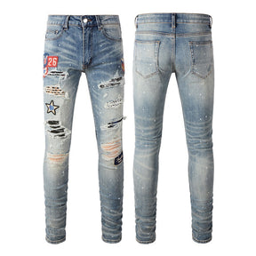 Medal Printed Badge Ripped Jeans Men Brit Style