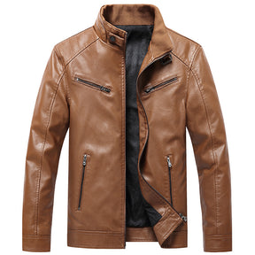 Men's Fleece Padded Coat Casual Korean-style Stand Collar PU Leather Jacket Trendy Youth Brit Style