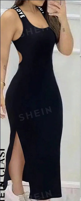 Long Sleeveless Criss-Cross Back Letter Print Form-Fitting Slit Hem Dress For Women Brit Style