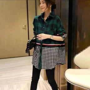 Stitching Plaid Shirt Women Fake Two-piece Tops Tide Western Style Brit Style