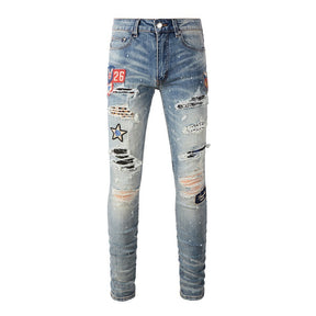 Medal Printed Badge Ripped Jeans Men Brit Style