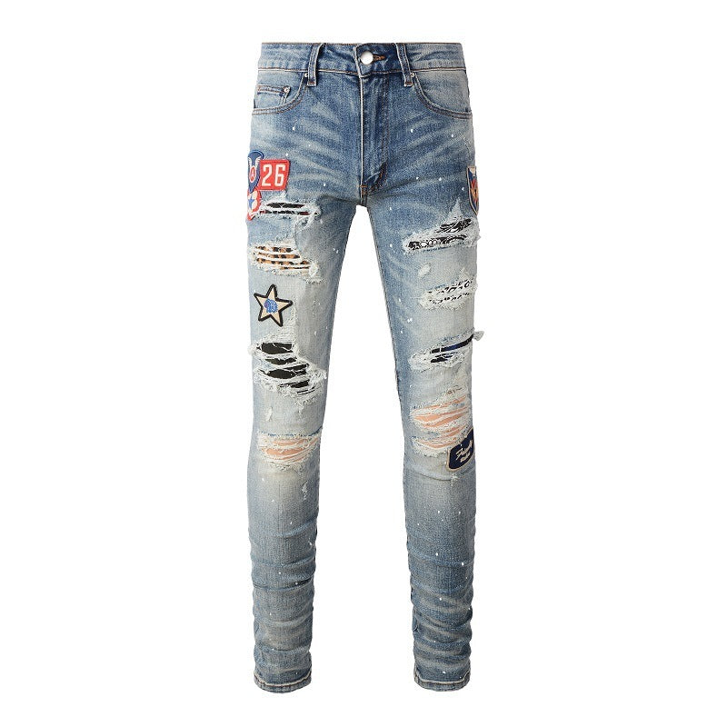 Medal Printed Badge Ripped Jeans Men Brit Style