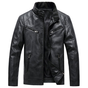 Men's Fleece Padded Coat Casual Korean-style Stand Collar PU Leather Jacket Trendy Youth Brit Style