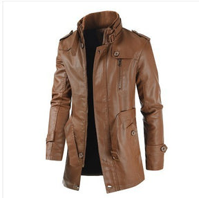 Men's Mid-length Leather Coat Stand Collar Fleece-lined Thickened Brit Style