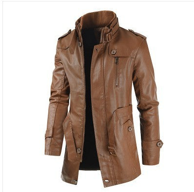 Men's Mid-length Leather Coat Stand Collar Fleece-lined Thickened Brit Style