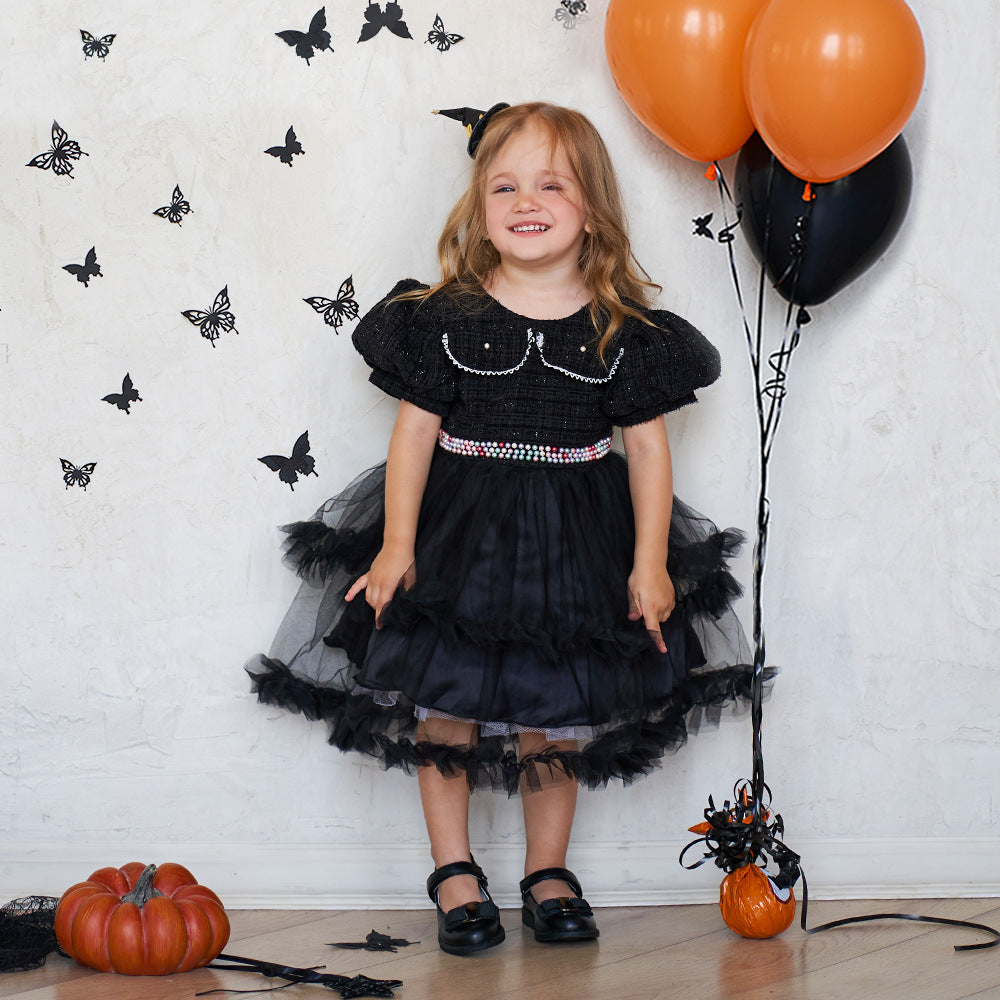 Girls' Fashion Halloween Mesh Stitching Puff Sleeve Dress Brit Style