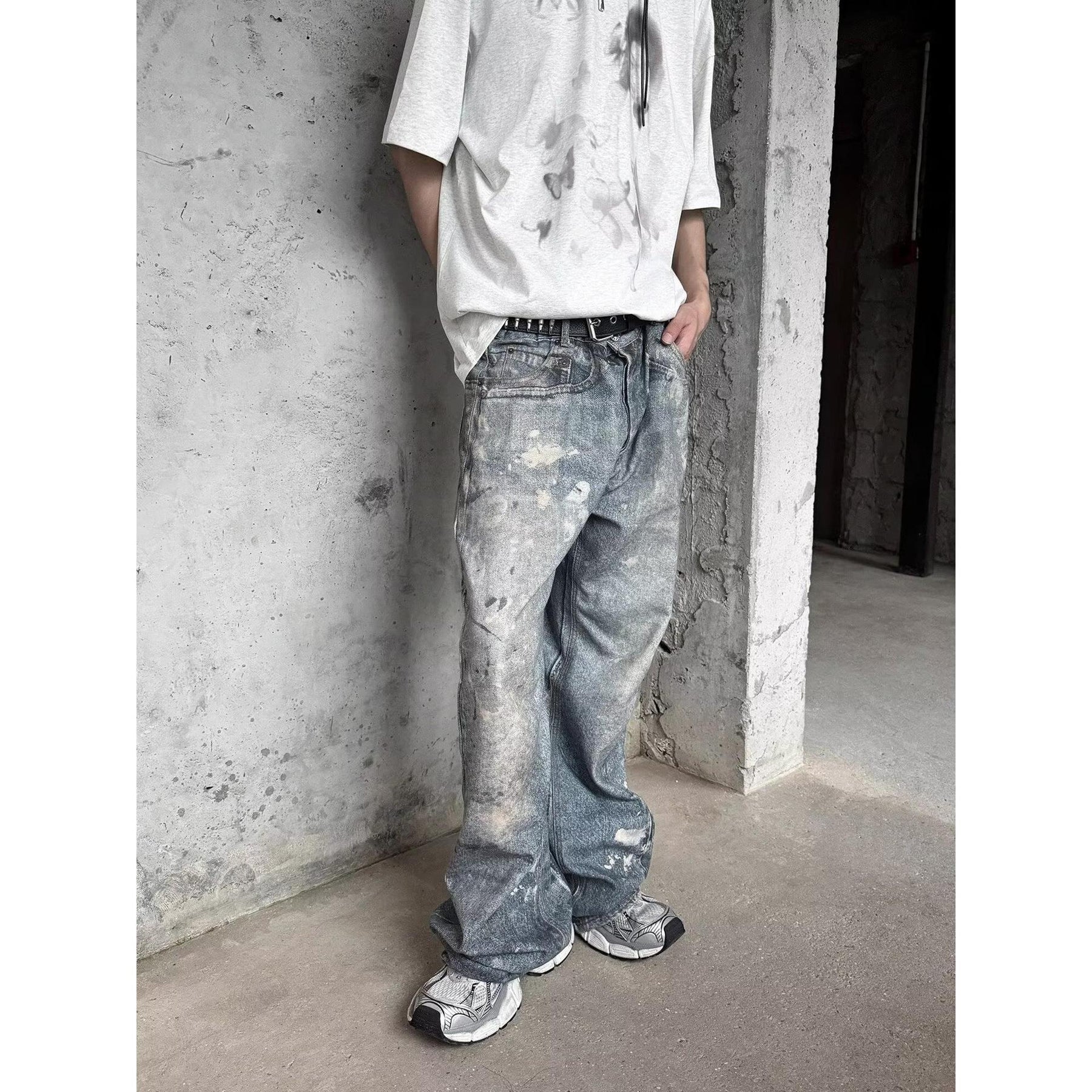 Washed Distressed Printed Denim Men's Straight Loose Long Pants Brit Style