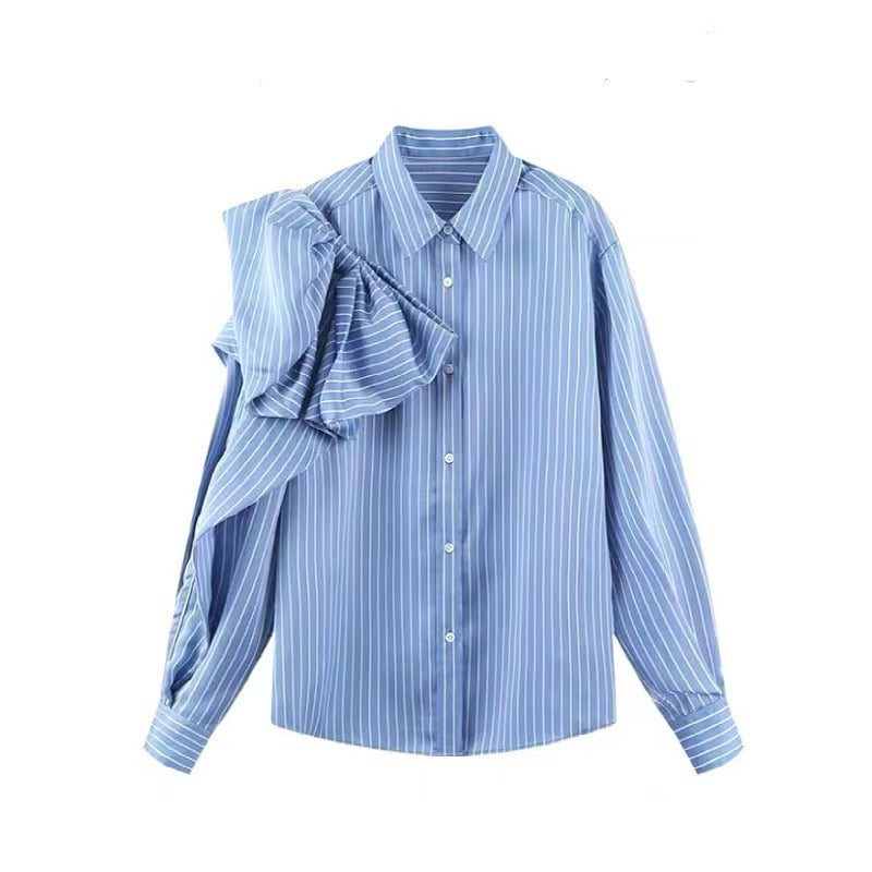 Casual Blue Striped Shirts For Women Lapel Long Sleeve Korean Bowknot Patchwork Blouses Brit Style