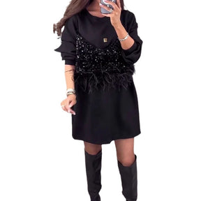 Round Neck Sequins Stitching Feather Dress Women's Clothing Brit Style