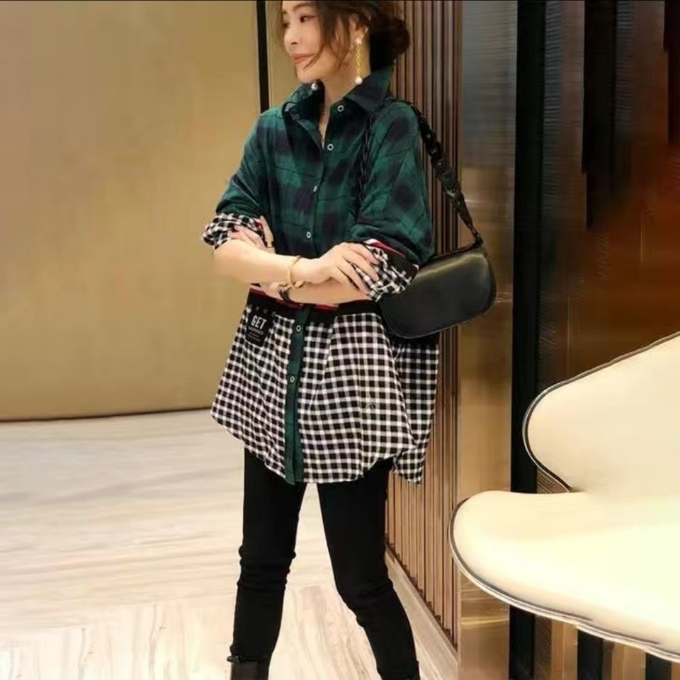 Stitching Plaid Shirt Women Fake Two-piece Tops Tide Western Style Brit Style