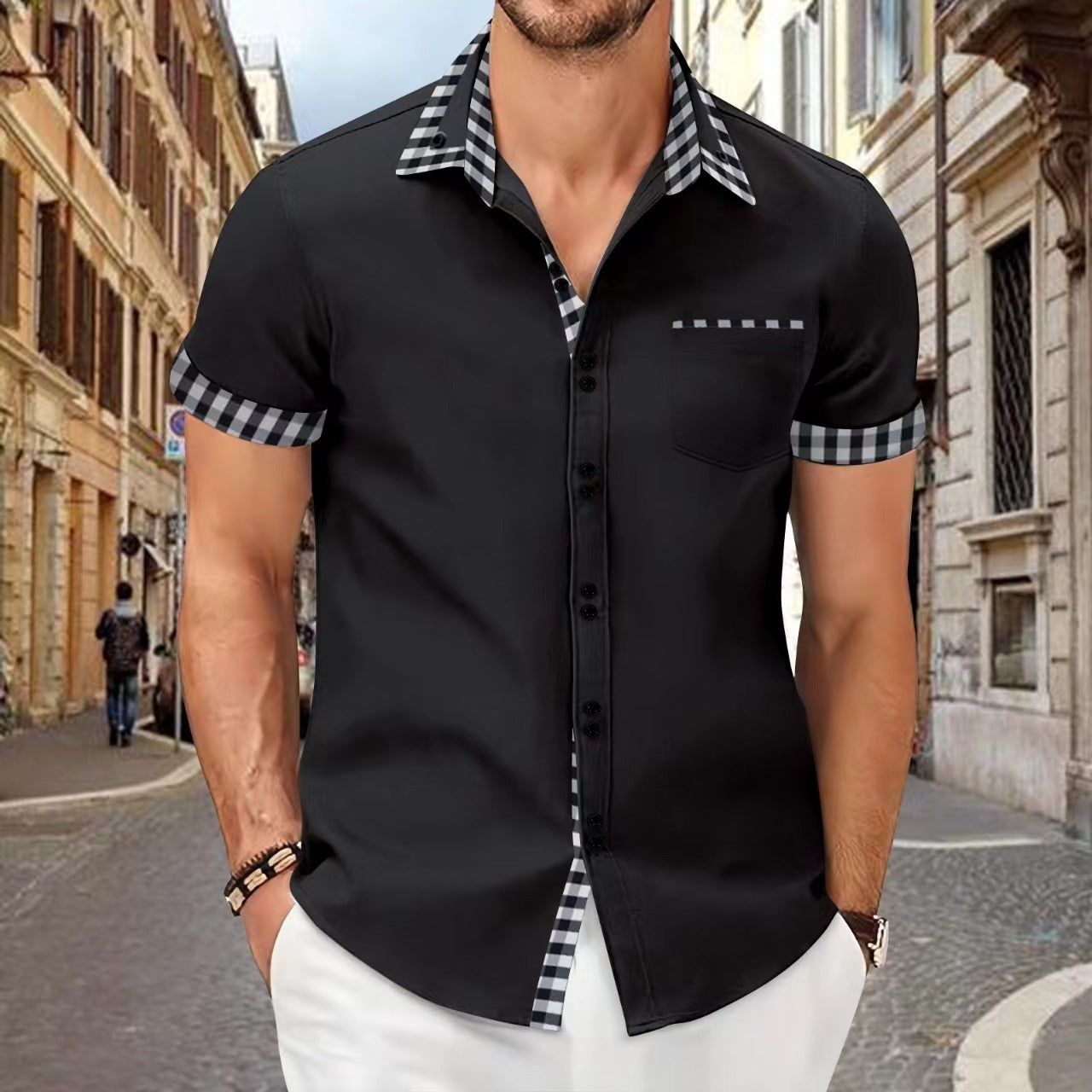 Men's Shirt Casual Pocket Stitching Contrast Color Top Brit Style