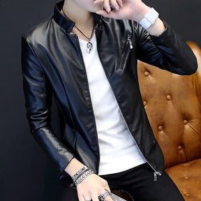 Slim Trendy Youth Stand Collar Leather Jacket Coat Brit Style