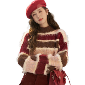 Striped Loose Splicing Knitwear Sweater For Women Brit Style