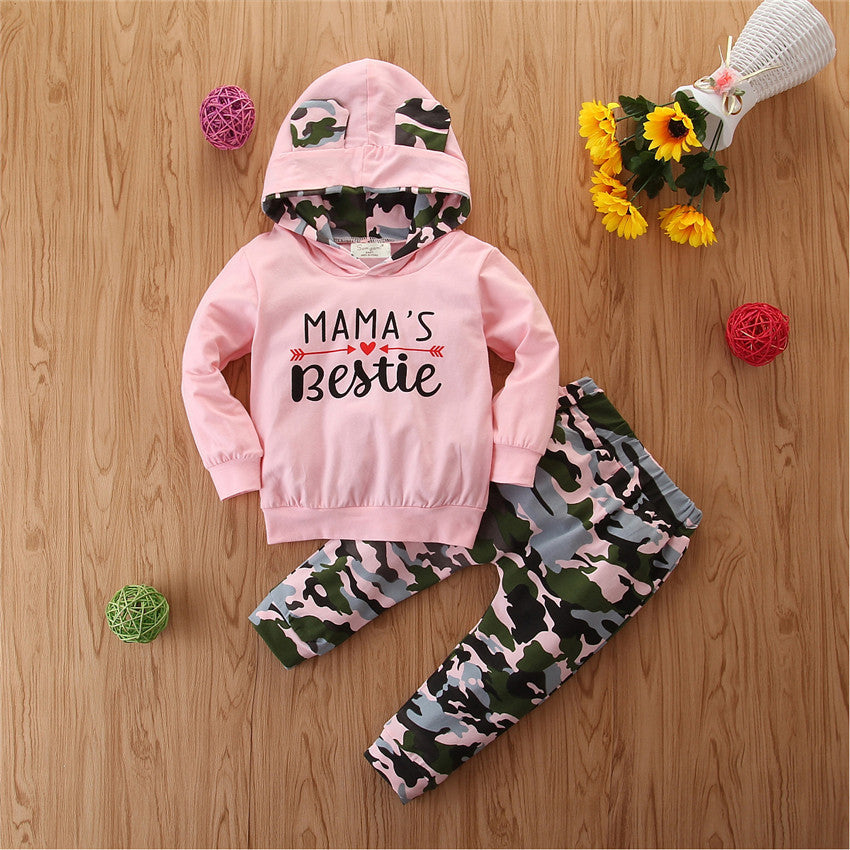 Girls Spring And Autumn Hooded Sweater Small Suit Ins Type Female Baby Camouflage 2 Piece Set Brit Style