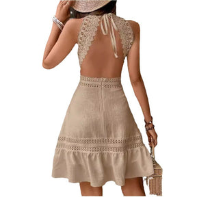 Solid Color Hollow Lace Stitched Backless Halter Lace-up Mini Skirt Brit Style