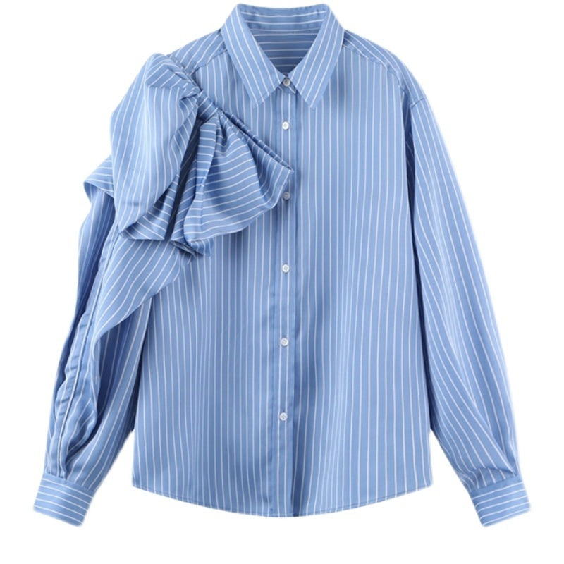 Casual Blue Striped Shirts For Women Lapel Long Sleeve Korean Bowknot Patchwork Blouses Brit Style