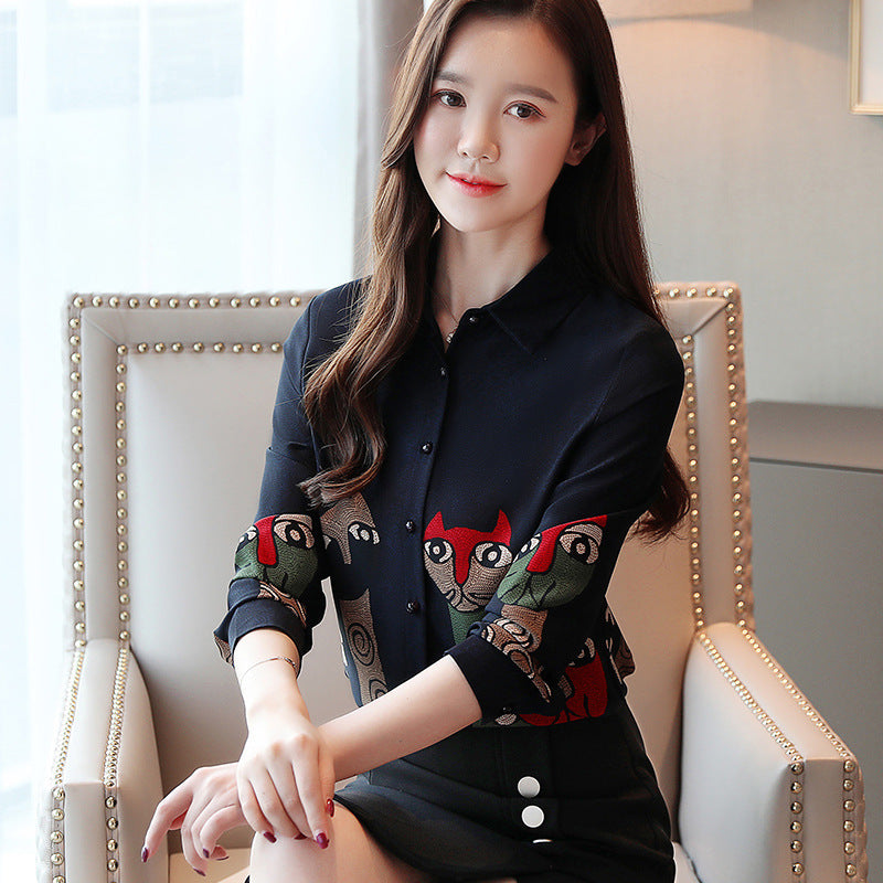 Spring And Autumn Vintage Cat Print Chiffon Shirt Brit Style