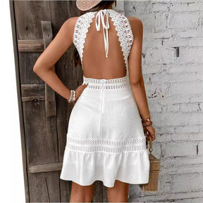 Solid Color Hollow Lace Stitched Backless Halter Lace-up Mini Skirt Brit Style