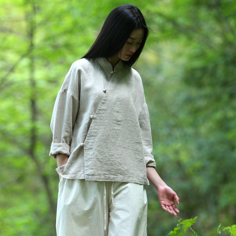 Hemp Plain Buttoned Top High Quality Retro Chinese Style Zen Tea Clothes Women Brit Style