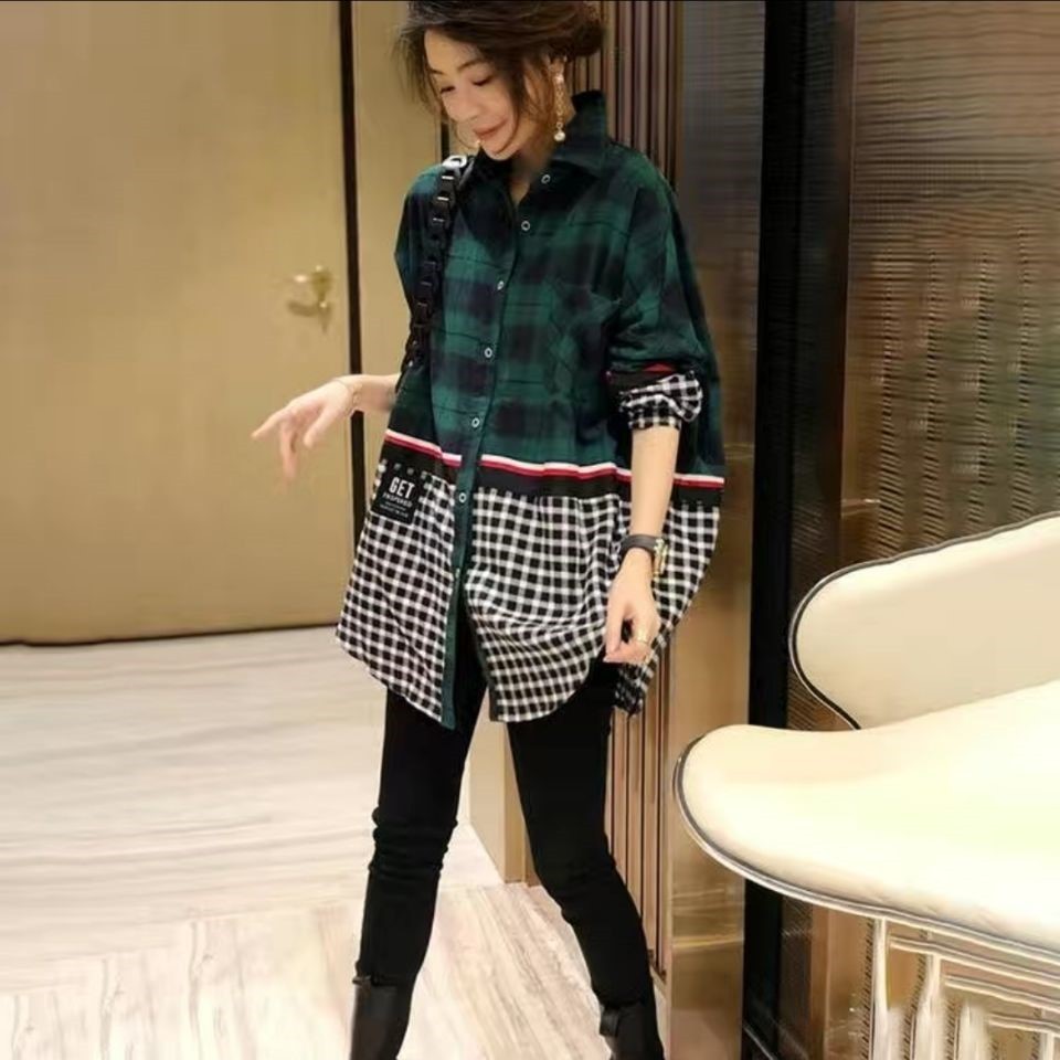 Stitching Plaid Shirt Women Fake Two-piece Tops Tide Western Style Brit Style