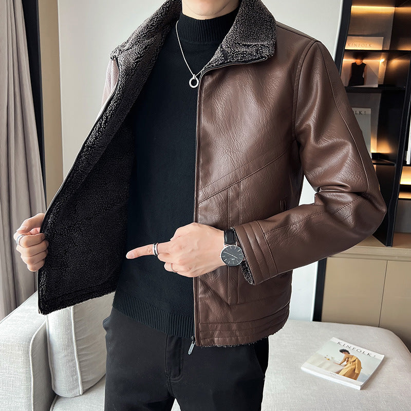 Hong Kong Style Velvet Padded Plus Size Men's Leather Jackets Brit Style