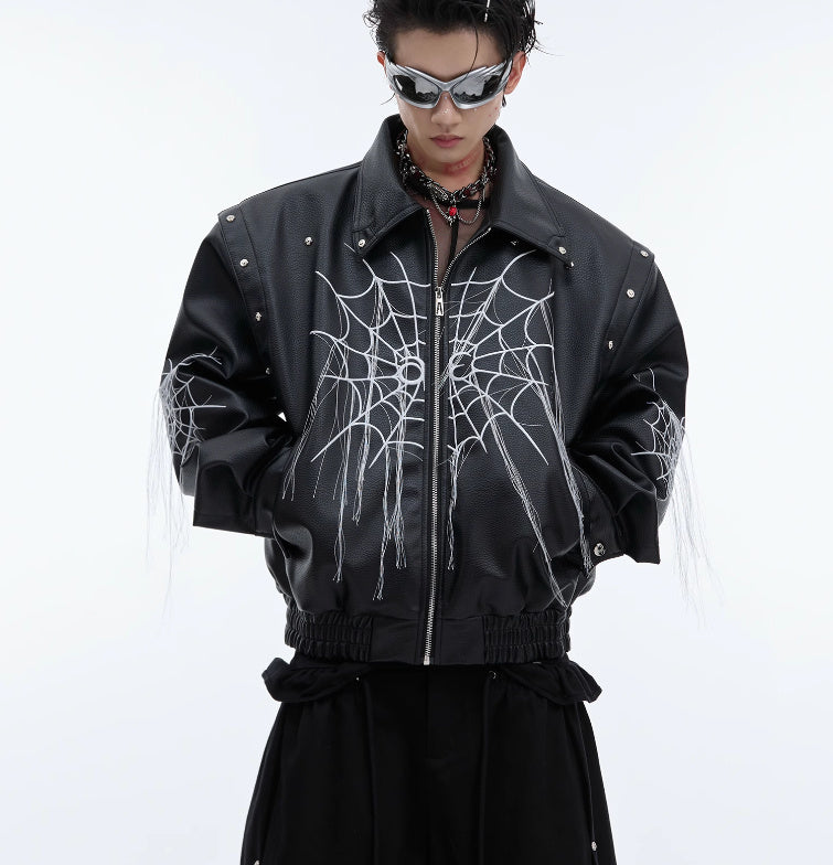 Niche Spider Web Tassel Design Motorcycle Leather Coat Brit Style