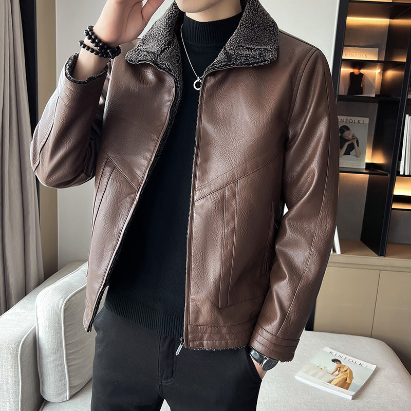 Hong Kong Style Velvet Padded Plus Size Men's Leather Jackets Brit Style